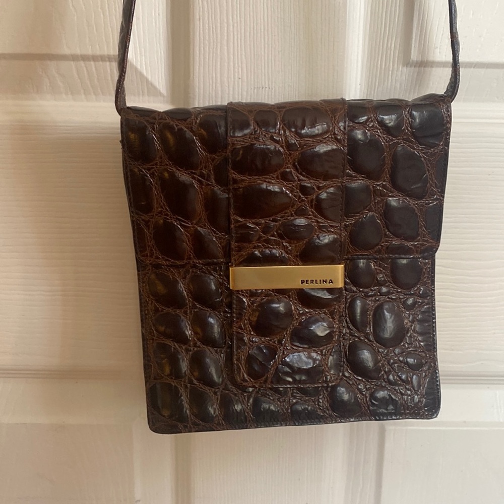 Perlina brown Embossed Leather Cross Body Bag